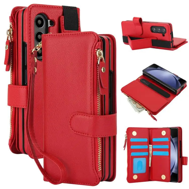 Voor Samsung Galaxy Z Fold7 Effen Kleur Polsband Portemonnee Opvouwbare Leren Telefoonhoes met Lanyard (Rood)