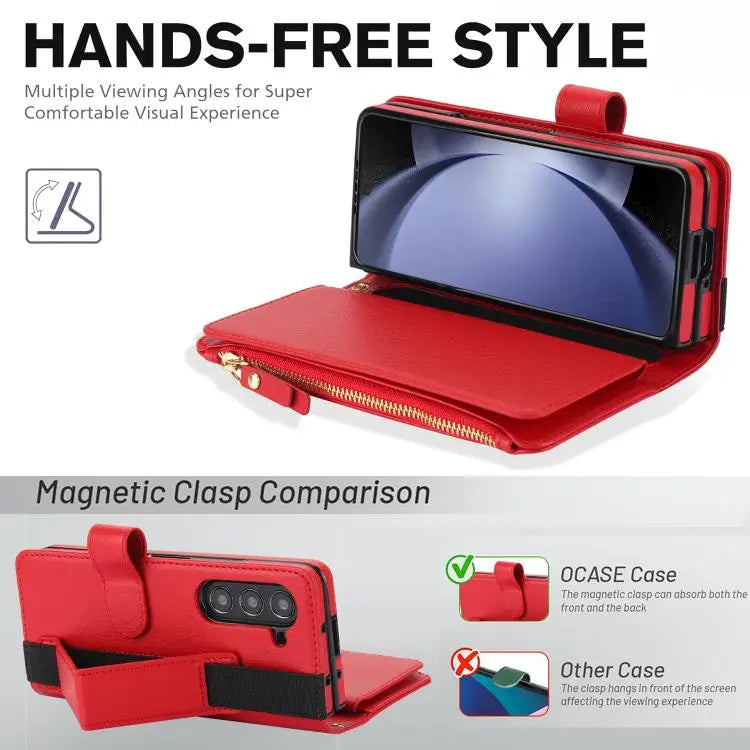 Voor Samsung Galaxy Z Fold7 Effen Kleur Polsband Portemonnee Opvouwbare Leren Telefoonhoes met Lanyard (Rood)