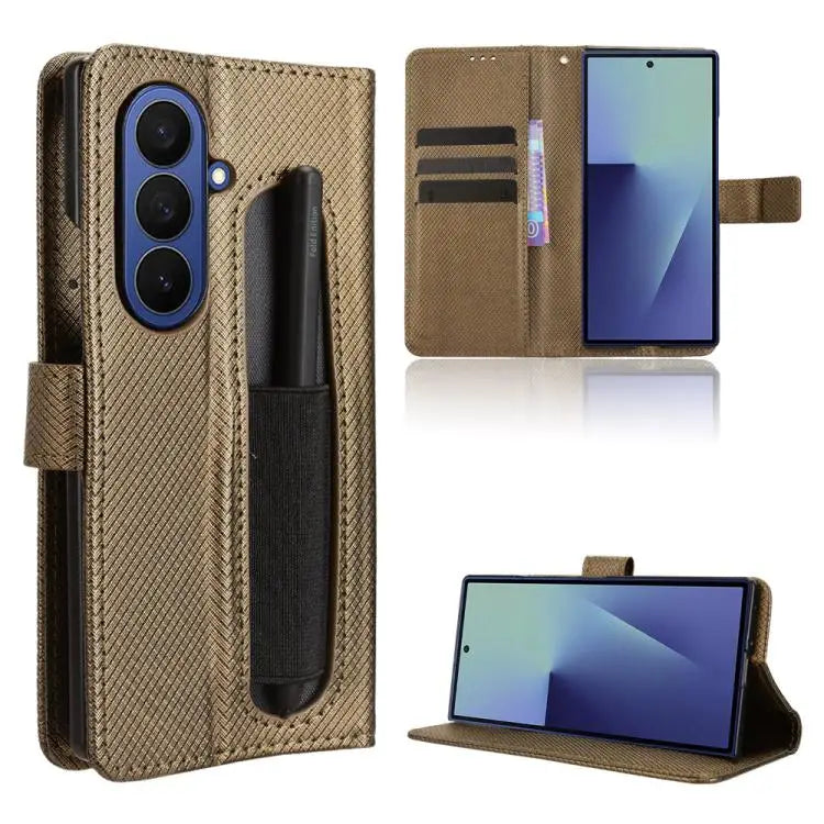 Voor Samsung Galaxy Z Fold7 met penhouder, diamanttextuur leren telefoonhoesje (bruin)