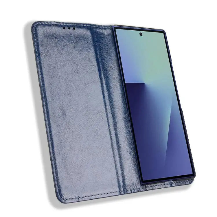 Voor Samsung Galaxy Z Fold7 met penhouder, magnetische gesp, retro textuur, leren telefoonhoesje (blauw)