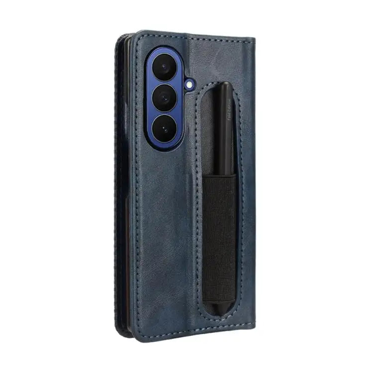 Voor Samsung Galaxy Z Fold7 met penhouder, magnetische gesp, retro textuur, leren telefoonhoesje (blauw)