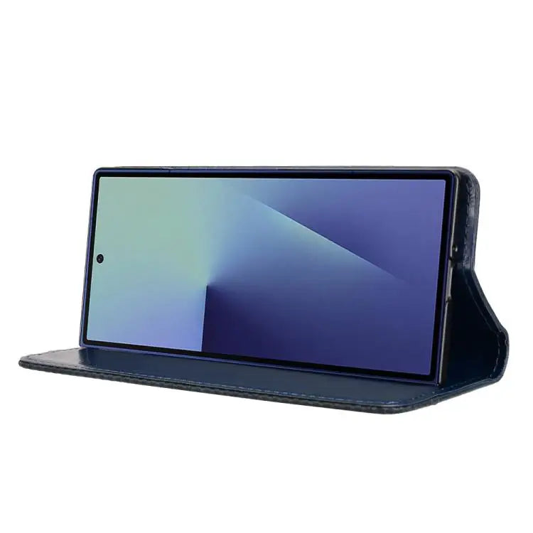 Voor Samsung Galaxy Z Fold7 met penhouder, magnetische gesp, retro textuur, leren telefoonhoesje (blauw)