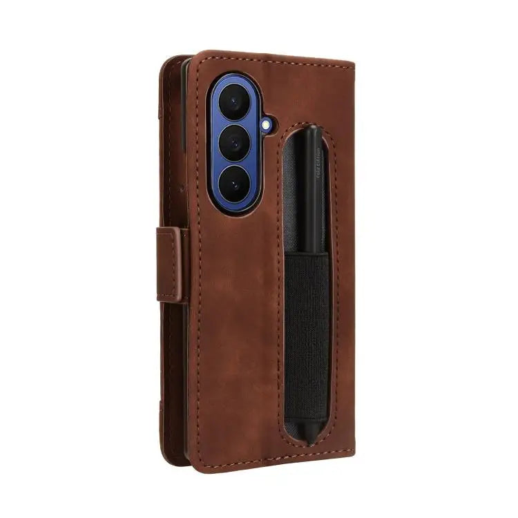 For Samsung Galaxy Z Fold7 with Pen Slot Skin Feel Calf Texture Card Slots Leather Phone Case(Brown)