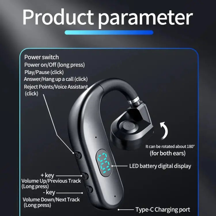 T50 Bluetooth 5.3 Wireless Headphone Single Ear Digital Display Stereo Earbuds, Color Boxed
