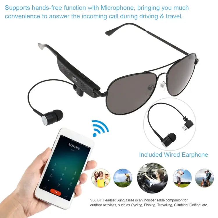 Y88 Wireless Earphone Bluetooth Headset Sunglasses Music Headphones Smart Glasses Earbud Hands-free with Mic