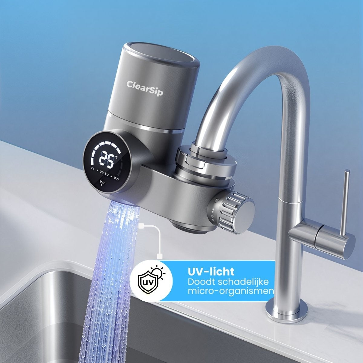 ClearSip 8-Laags UV Kraanfilter – Universeel LED Waterfilter voor op je Kraan