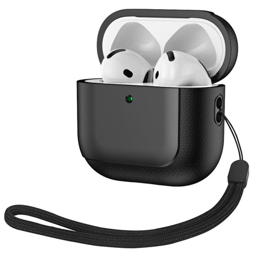For AirPods 4 ANC Electroplating Leather Texture Wireless Earbuds Box Protective Case(Black)