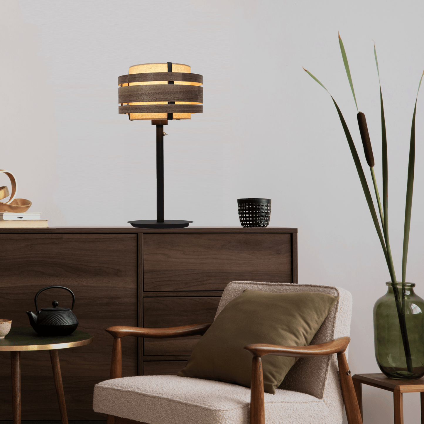 Lampenkap - Hout (donker walnootfineer) - Stof - 25 cm - "Beam"