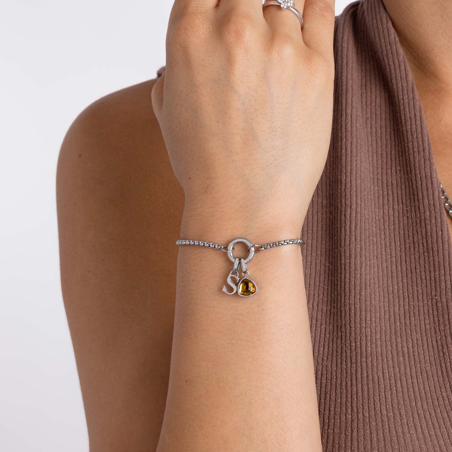 Verstelbare letter- en geboortesteenarmband zilver