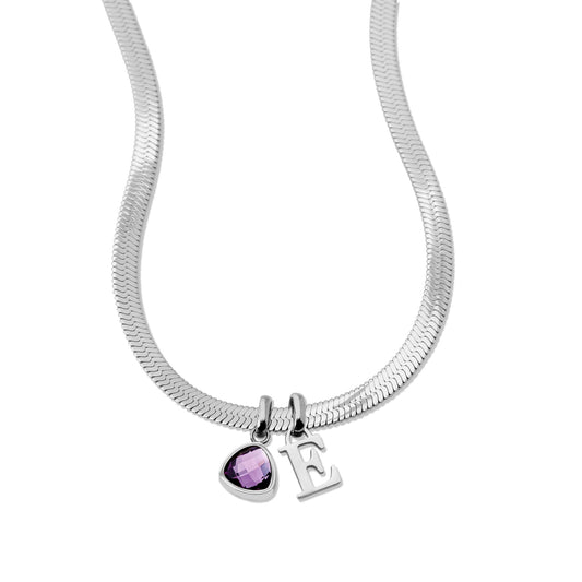 Zilveren slangenketting met letter en geboortesteen