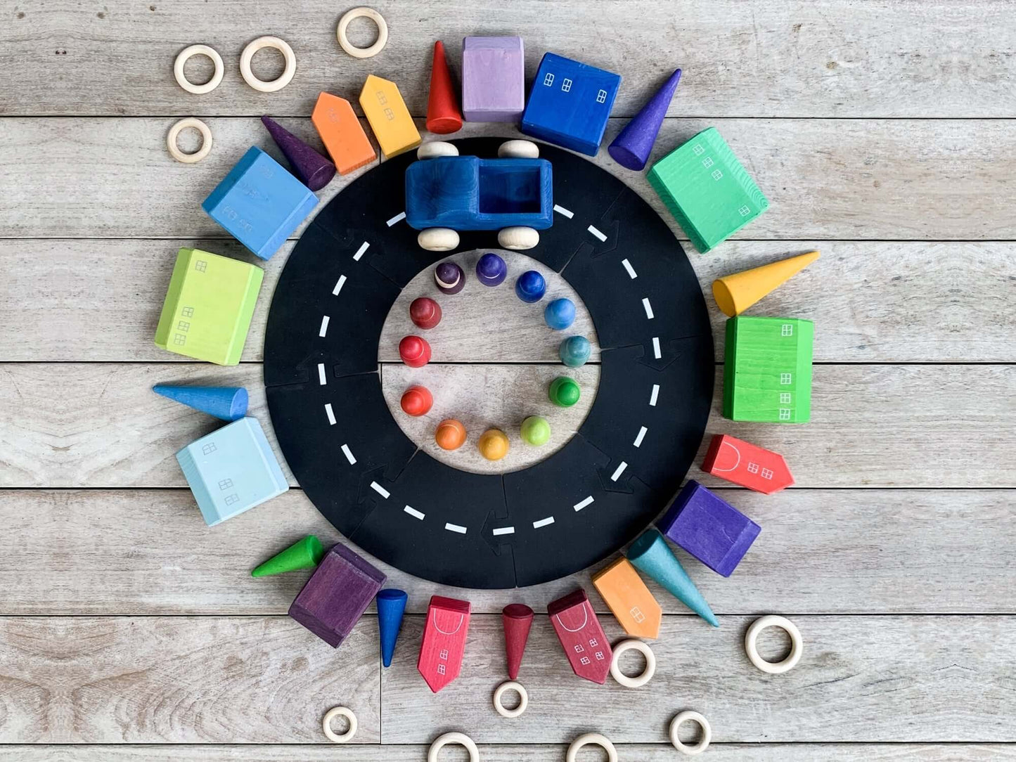 NEW The Drive Away set! This set features 11 roadparts, each designed to flex, curve, and twist in endless configurations, allowing young minds to create their own roads and byways. But that's not all! Unlike our standard sets, the Drive Away set comes co