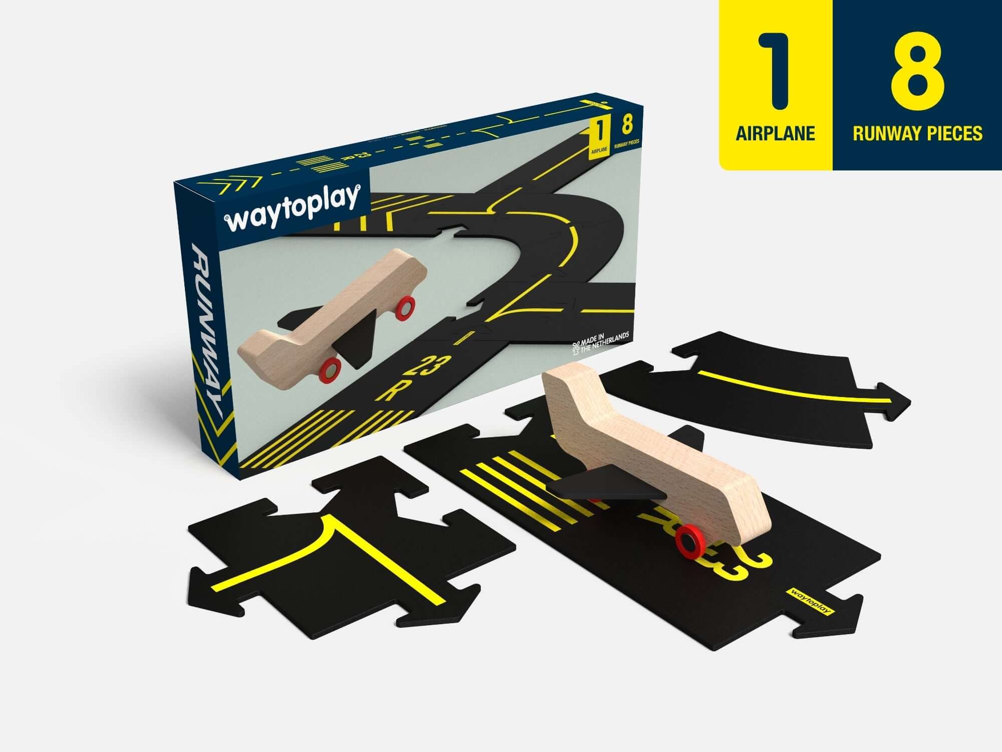 Spark your child's imagination and creativity with the new Runway from Waytoplay Toys. Watch as your little one transforms into a pilot with this airport themed set made of yellow screen printed graphics that are typical markings that can be seen on airpo