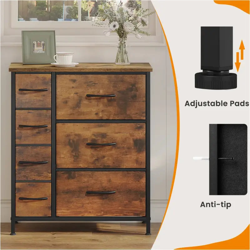 BukkitBow - Industrieel Dressoir met 7 Stoffen Lades - Hout/Metaal/Stof - 63.5x30x73 cm - Veelzijdige Opslagoplossing - Rustiek Bruin/Zwart