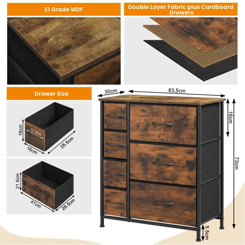 BukkitBow - Industrieel Dressoir met 7 Stoffen Lades - Hout/Metaal/Stof - 63.5x30x73 cm - Veelzijdige Opslagoplossing - Rustiek Bruin/Zwart