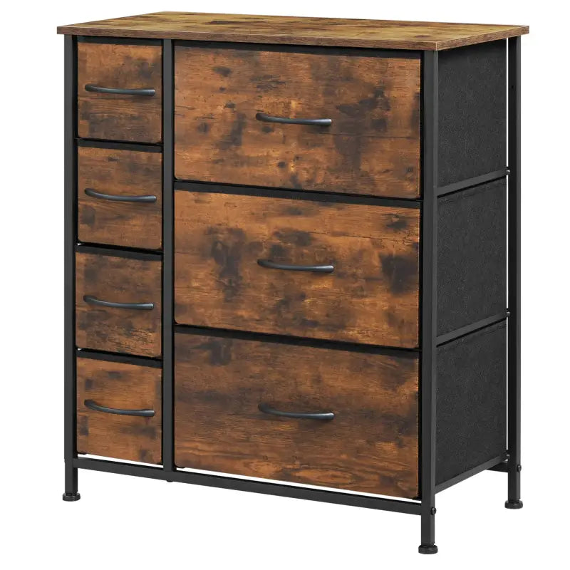 BukkitBow - Industrieel Dressoir met 7 Stoffen Lades - Hout/Metaal/Stof - 63.5x30x73 cm - Veelzijdige Opslagoplossing - Rustiek Bruin/Zwart