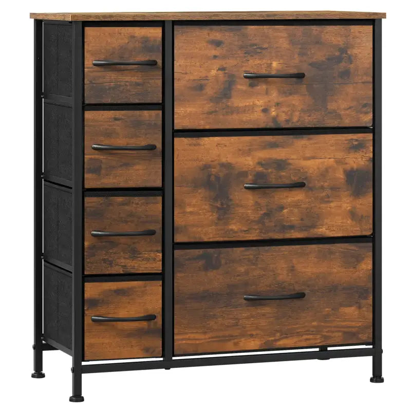 BukkitBow - Industrieel Dressoir met 7 Stoffen Lades - Hout/Metaal/Stof - 63.5x30x73 cm - Veelzijdige Opslagoplossing - Rustiek Bruin/Zwart