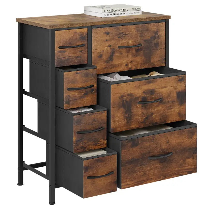 BukkitBow - Industrieel Dressoir met 7 Stoffen Lades - Hout/Metaal/Stof - 63.5x30x73 cm - Veelzijdige Opslagoplossing - Rustiek Bruin/Zwart