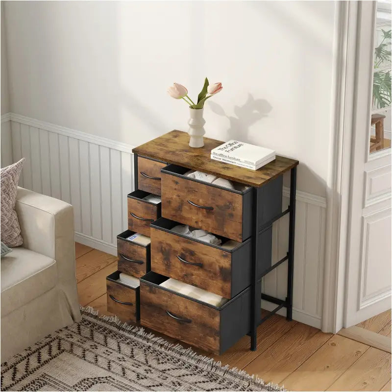 BukkitBow - Industrieel Dressoir met 7 Stoffen Lades - Hout/Metaal/Stof - 63.5x30x73 cm - Veelzijdige Opslagoplossing - Rustiek Bruin/Zwart