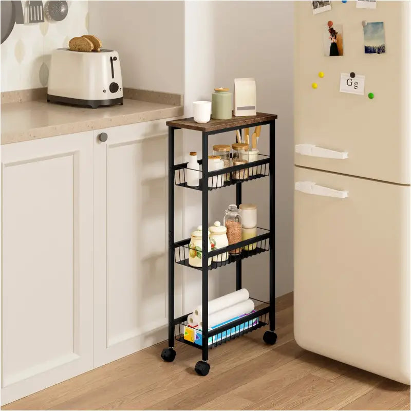 BukkitBow - Keukentrolley met 4 Niveaus - E1 MDF/Metaal - 40x87x20 cm - Verplaatsbaar en Ruimtebesparend - Zwart/Vintage Houtlook