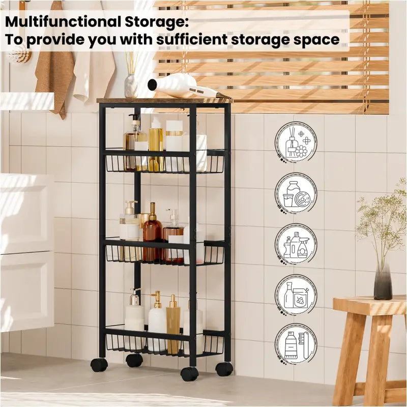 BukkitBow - Keukentrolley met 4 Niveaus - E1 MDF/Metaal - 40x87x20 cm - Verplaatsbaar en Ruimtebesparend - Zwart/Vintage Houtlook