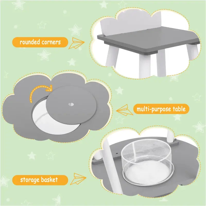 BukkitBow – Kinder Tafel en Stoelen Set – Pijnhout Materiaal – Wit met Grijs – 59.5x46 cm - Tafel met Opbergvak