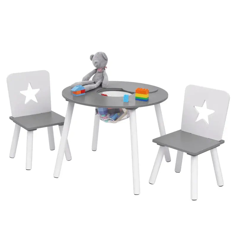 BukkitBow – Kinder Tafel en Stoelen Set – Pijnhout Materiaal – Wit met Grijs – 59.5x46 cm - Tafel met Opbergvak