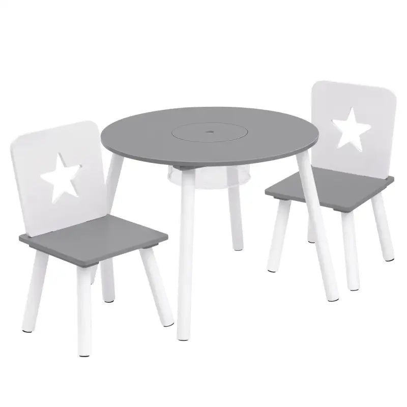 BukkitBow – Kinder Tafel en Stoelen Set – Pijnhout Materiaal – Wit met Grijs – 59.5x46 cm - Tafel met Opbergvak