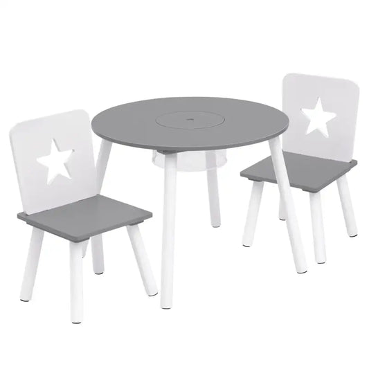 BukkitBow – Kinder Tafel en Stoelen Set – Pijnhout Materiaal – Wit met Grijs – 59.5x46 cm - Tafel met Opbergvak