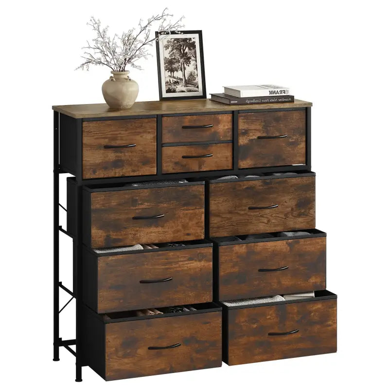 BukkitBow - Ladekast met 10 Stoffen Lades - Hout/Metaal/Vliesstof - 100x100x30 cm - Vintage Industrieel Ontwerp - Rustiek Bruin/Zwart