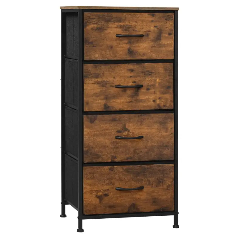 BukkitBow - Ladekast met 4 Stoffen Lades - Hout/Metaal/Non-woven Stof - Vintage Industrieel Ontwerp - 45x94.5x30 cm - Rustiek Bruin/Zwart