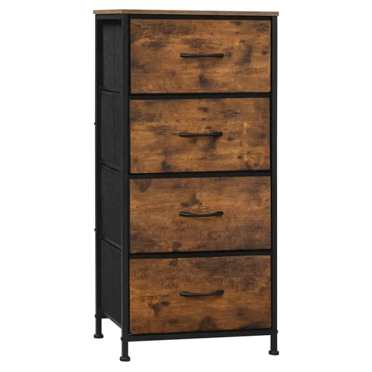 BukkitBow - Ladekast met 4 Stoffen Lades - Hout/Metaal/Non-woven Stof - Vintage Industrieel Ontwerp - 45x94.5x30 cm - Rustiek Bruin/Zwart