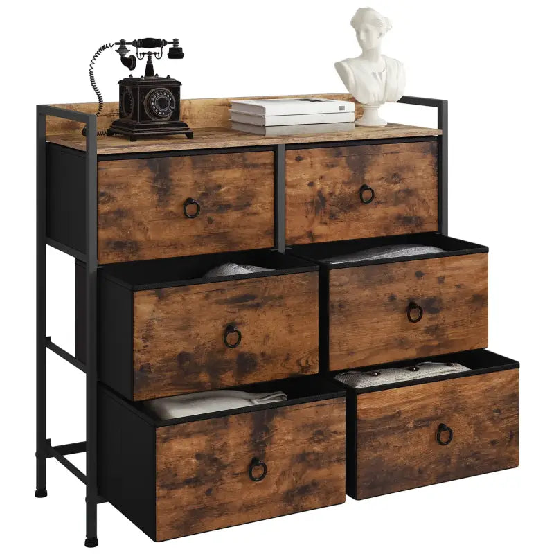 BukkitBow - Ladekast met 6 Stoffen Lades - Met Opslagplank van Hout/Metaal/Non-woven Stof - 80x29x78 cm - Rustiek Bruin/Zwart