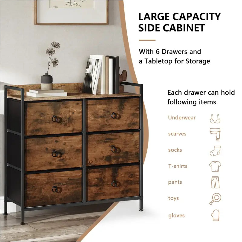 BukkitBow - Ladekast met 6 Stoffen Lades - Met Opslagplank van Hout/Metaal/Non-woven Stof - 80x29x78 cm - Rustiek Bruin/Zwart