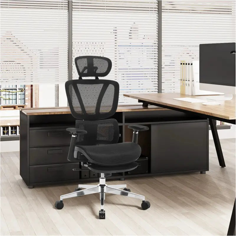 BukkitBow - Moderne Bureaustoel met Voetsteun - Verstelbare Lendensteun en 3D PU Armleuningen - Mesh Zitting - 150 kg Draagvermogen