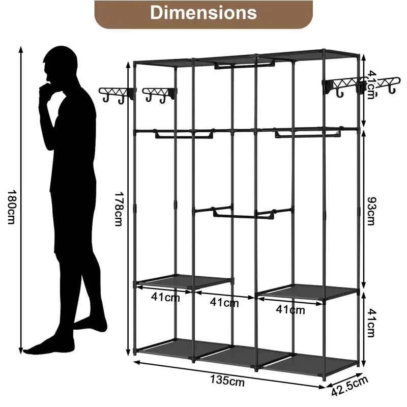 BukkitBow - Open Kledingkast - met Planken en Kledingroedes - Uitklapbare Rekken - Gemaakt van Metaalstof - Zwart