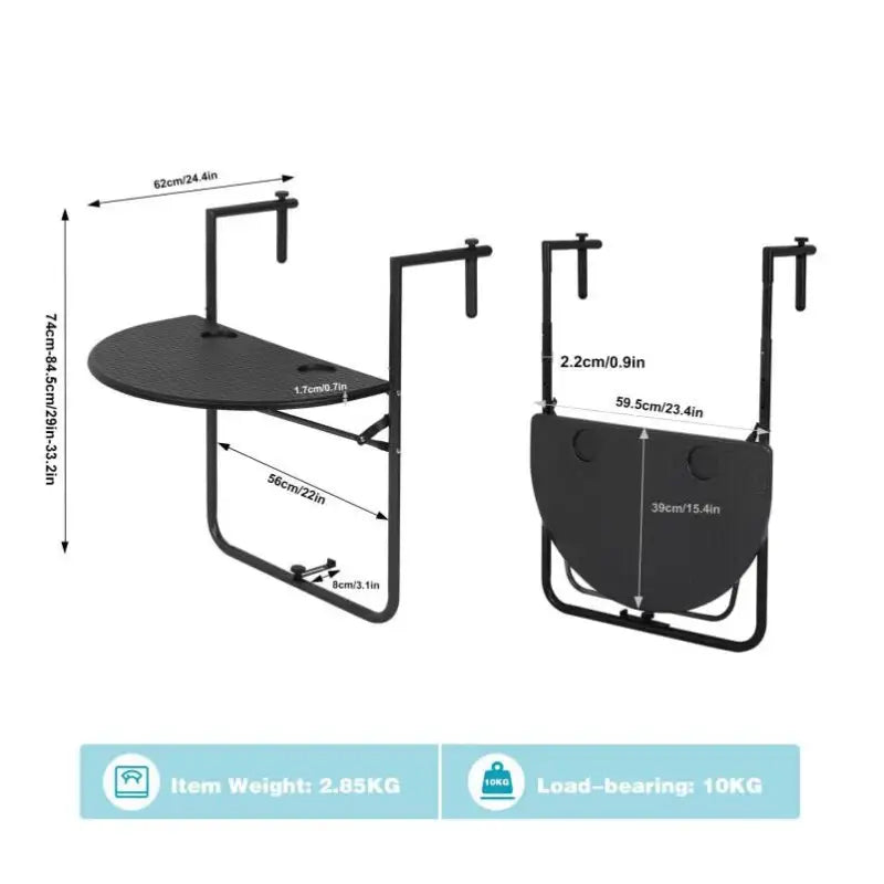 BukkitBow - Opvouwbare Hangende Balkontafel - 10kg Gewichtscapaciteit - In Hoogte Verstelbaar - met Bekerhouders - Weerbestendig - 60x(74-84.5)x62cm