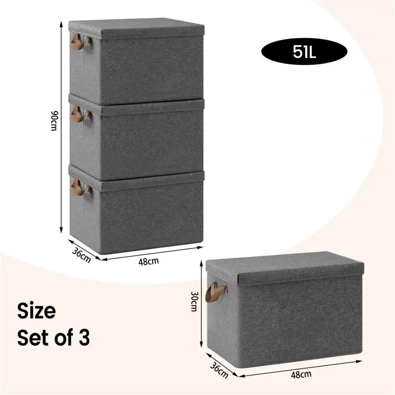 BukkitBow - Opvouwbare Opbergdozen - Polyester/Metaal/ - Met Deksel en Handvatten - Set van 3 Stuks - Grijs