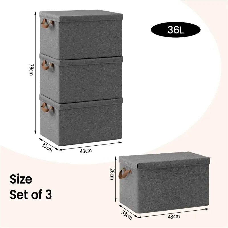 BukkitBow - Opvouwbare Opbergdozen - Polyester/Metaal/ - Met Deksel en Handvatten - Set van 3 Stuks - Grijs