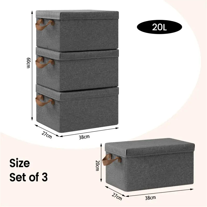 BukkitBow - Opvouwbare Opbergdozen - Polyester/Metaal/ - Met Deksel en Handvatten - Set van 3 Stuks - Grijs