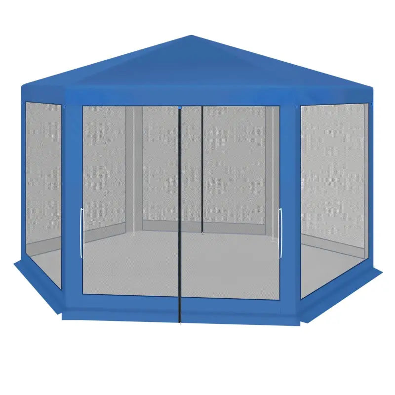 BukkitBow - Partytent met Hor Zijwanden – Zeshoekige Tent Opvouwbaar – Zonbestendig met Vliegenhor – Tuinpaviljoen 380 x 360 cm – Blauw