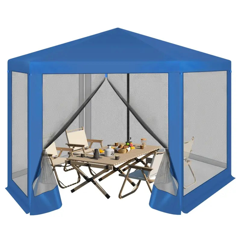 BukkitBow - Partytent met Hor Zijwanden – Zeshoekige Tent Opvouwbaar – Zonbestendig met Vliegenhor – Tuinpaviljoen 380 x 360 cm – Blauw