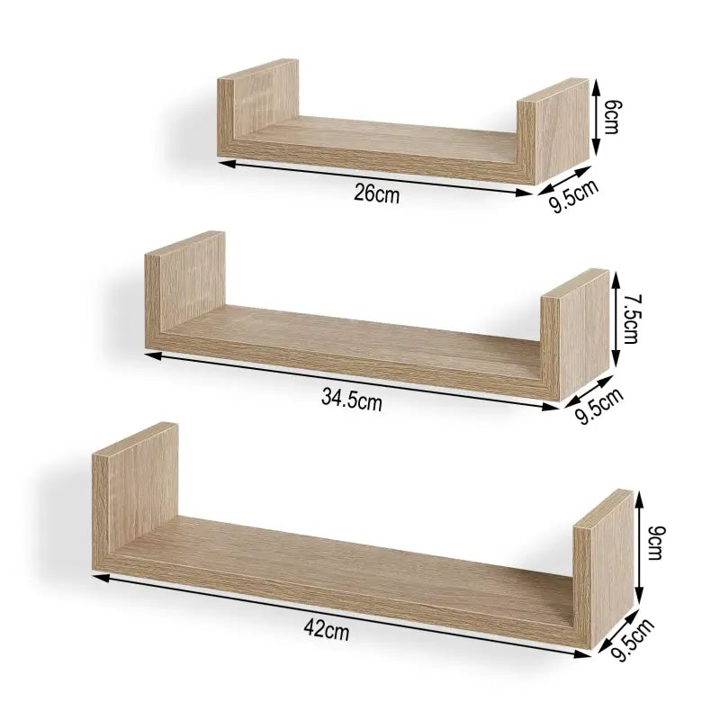 BukkitBow - Set van 3 Wandplanken - Hout - Verschillende Afmetingen: 26x9.7x6cm, 34x9.7x7.5cm, 42x9.7x9cm