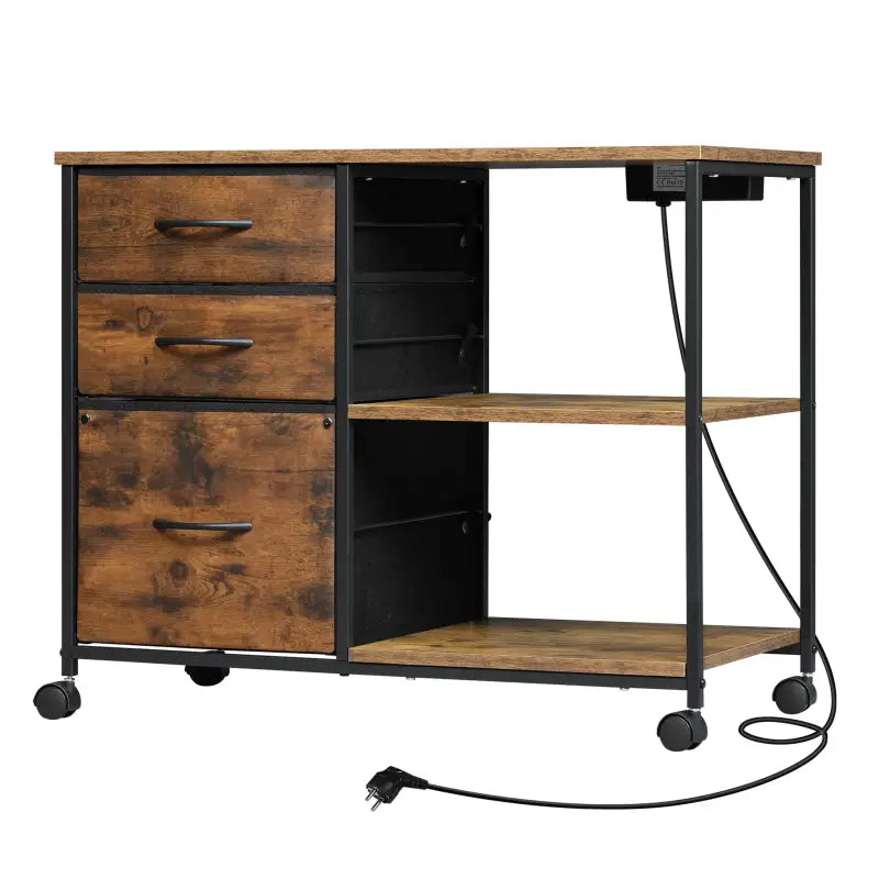 BukkitBow - Verrijdbaar Ladeblok - Houtmateriaal/Metaal - 80x66x40 cm - Met Stopcontacten en USB-poorten - Vintage Bruin