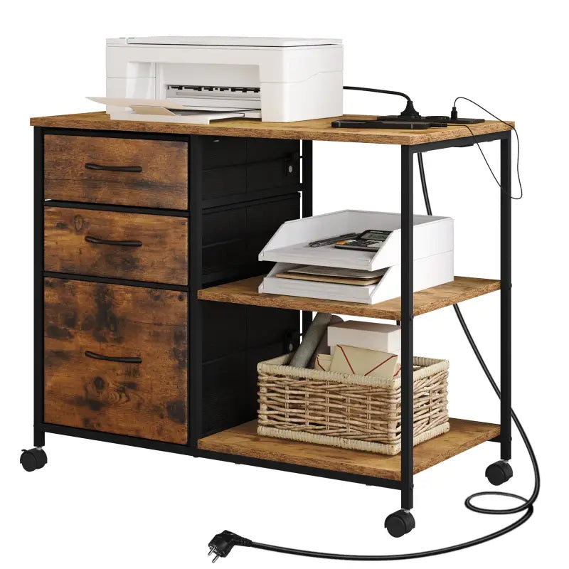 BukkitBow - Verrijdbaar Ladeblok - Houtmateriaal/Metaal - 80x66x40 cm - Met Stopcontacten en USB-poorten - Vintage Bruin