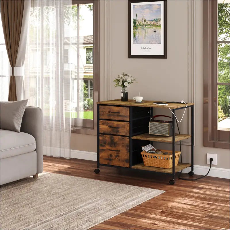 BukkitBow - Verrijdbaar Ladeblok - Houtmateriaal/Metaal - 80x66x40 cm - Met Stopcontacten en USB-poorten - Vintage Bruin