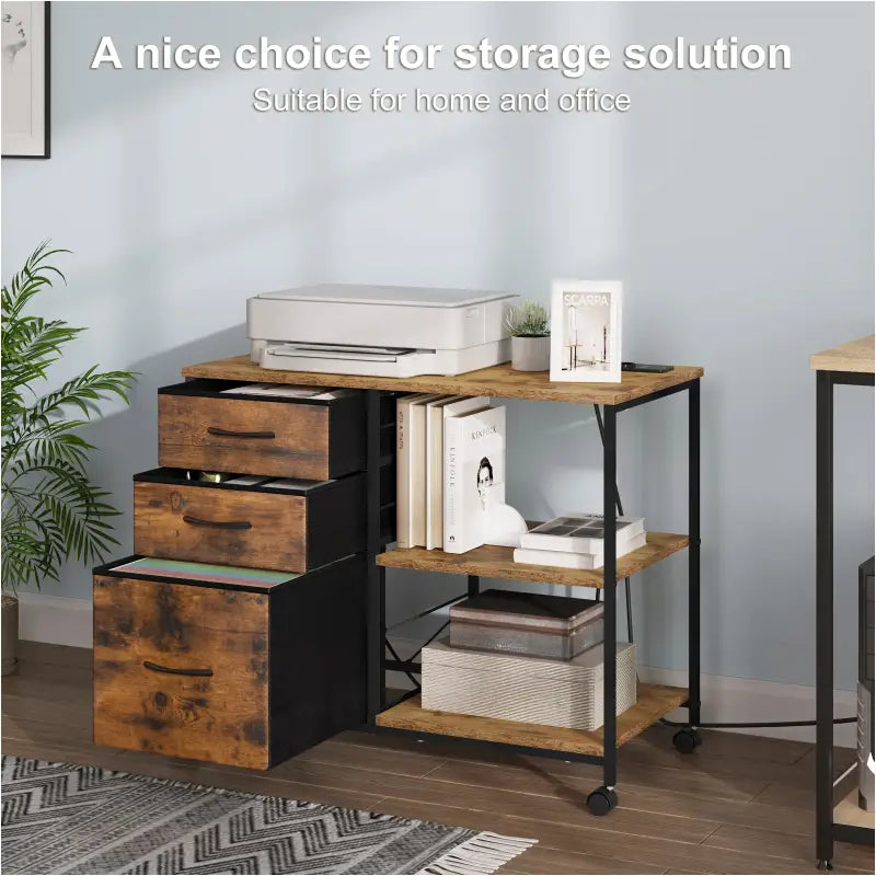 BukkitBow - Verrijdbaar Ladeblok - Houtmateriaal/Metaal - 80x66x40 cm - Met Stopcontacten en USB-poorten - Vintage Bruin