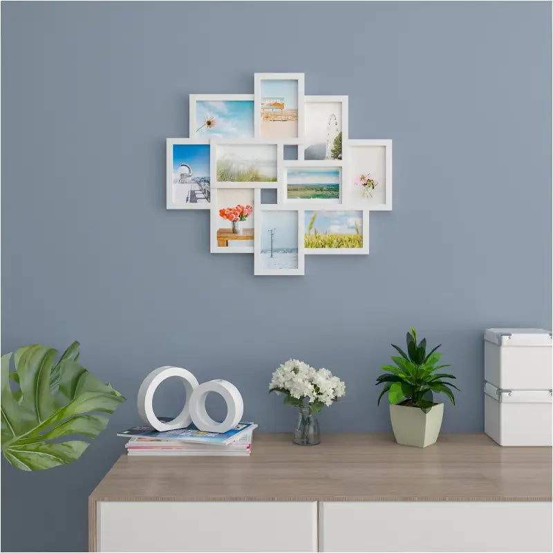 BukkitBow - Witte Multi Fotolijst - 10 Delige Fotolijst - Stevig Plexiglas - Geschikt voor 10x15cm Foto's - 54,5x49cm 