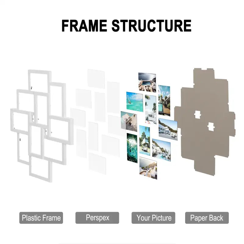 BukkitBow - Witte Multi Fotolijst - 10 Delige Fotolijst - Stevig Plexiglas - Geschikt voor 10x15cm Foto's - 54,5x49cm 