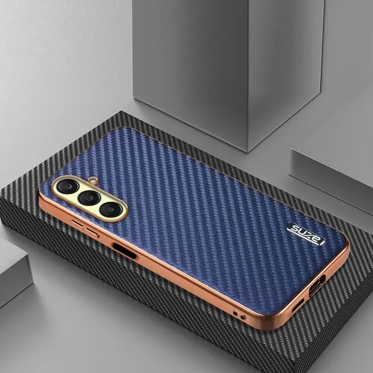 Voor Samsung Galaxy A17 4G / 5G AZNS gegalvaniseerde rand koolstofvezel textuur telefoonhoesje (blauw)