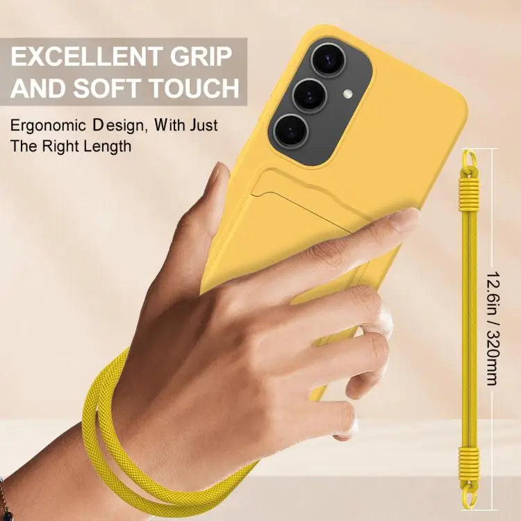 Voor Samsung Galaxy S24+ 5G Geïntegreerde Kaarthouder Effen Kleur Vloeibare Siliconen Telefoonhoes Gen2 met Korte Lanyard (Geel)